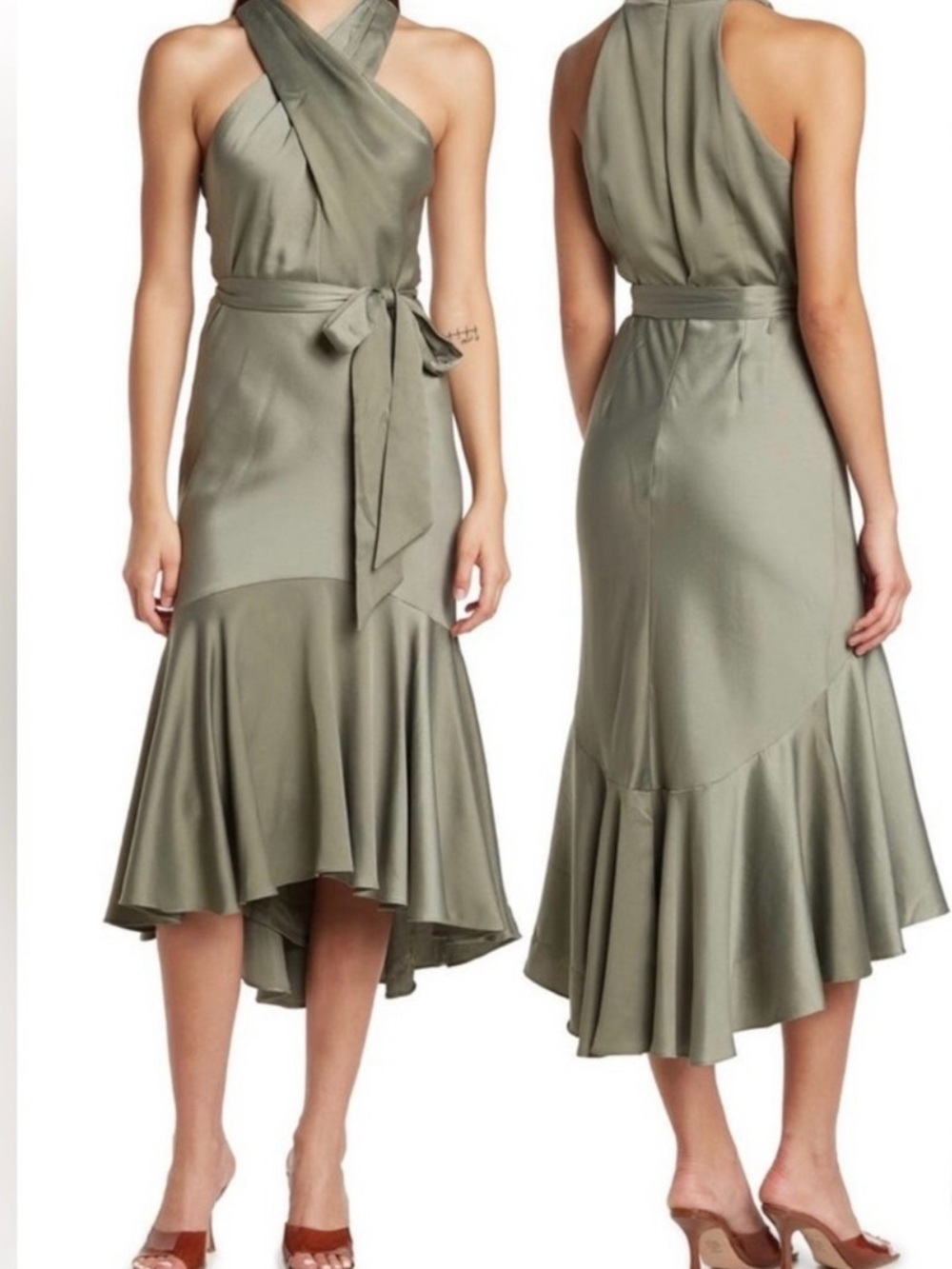 Taylor Olive Green Halter High-Low Midi Dress with Waist Tie